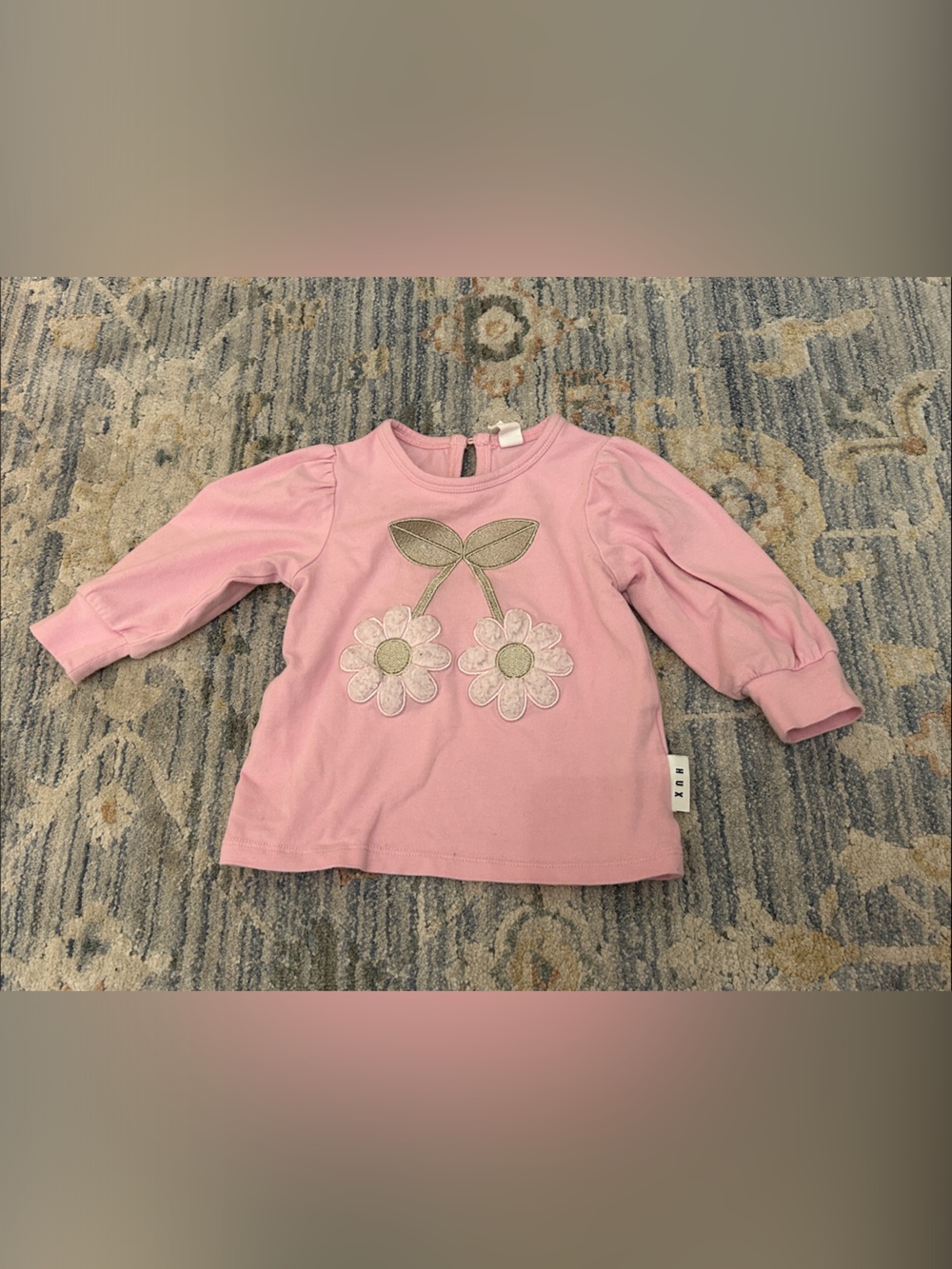 Huxbaby Pink Long Sleeve Tee with Daisy Cherry Applique